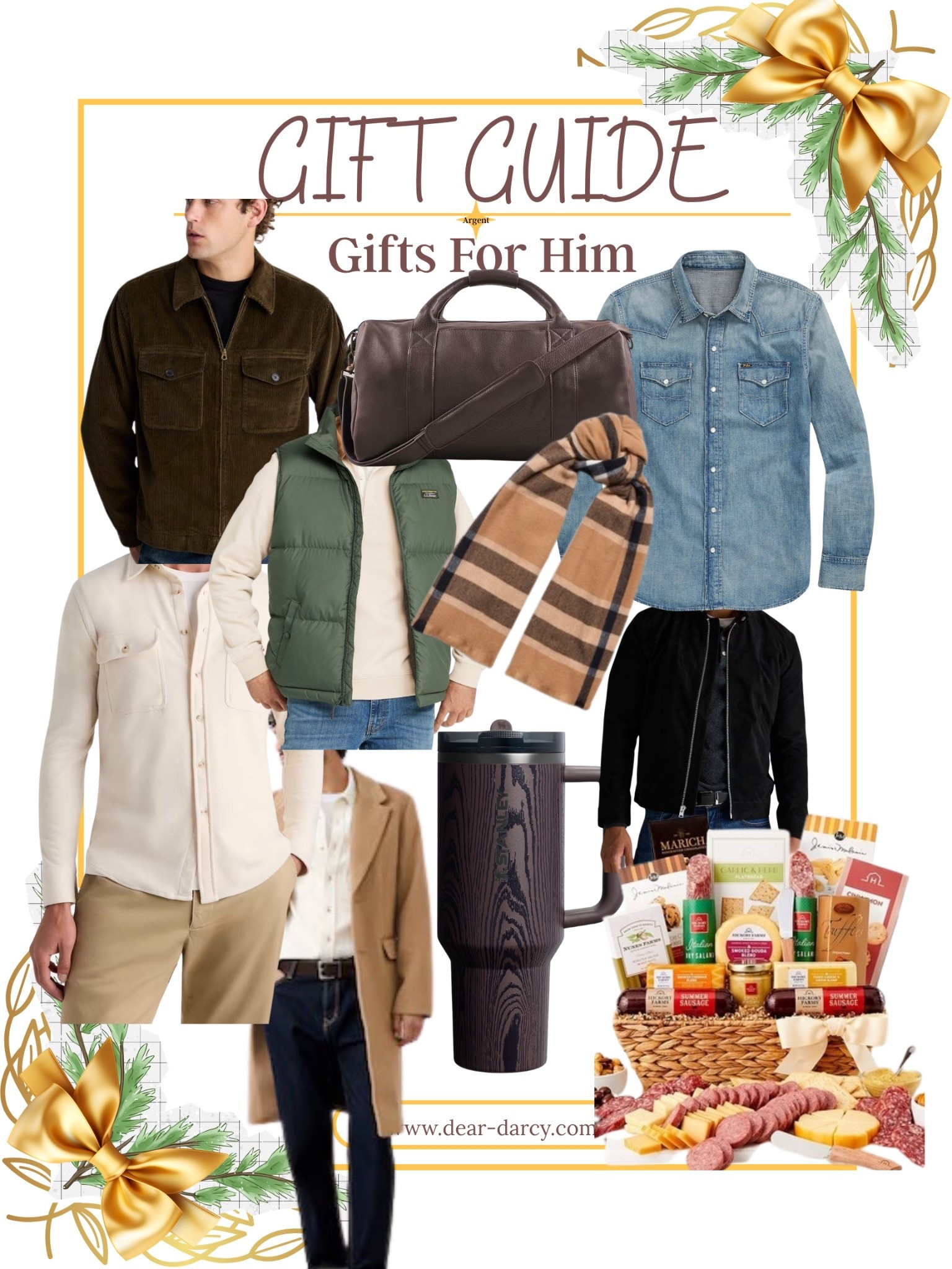 Gifts for Him
LL Bean Men’s Mountain Down Vest| Madewell 

front zip corduroy jacket|

Twill shirt Jacket broken plaid|

Nappa Leather duffle Bag| 

Suede cafe racer jacket| 

Wool Topcoat Banana Republic|

 Cozy Scarf Banana Republic 
| 
Hickory Farms Deluxe Charcutier Gift Basket| 

Stanley limited edition wood like 40 oz Tumbler| 

Ralph Lauren-Mens Western button up top| 

#LTKGiftGuide #LTKSaleAlert #LTKCyberWeek
