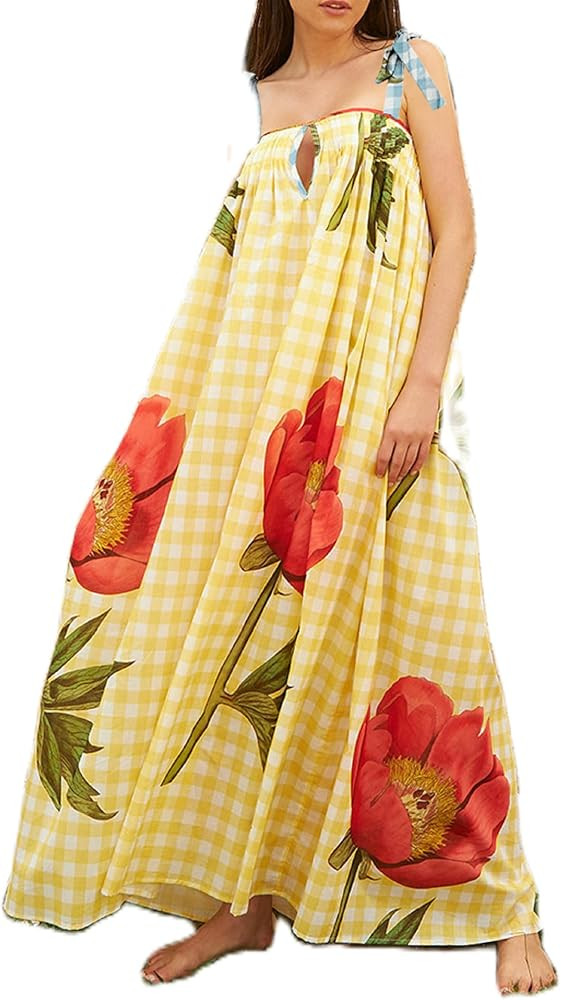 NUFIWI Women Boho Graffiti Cami Long Dress Graphic Spaghetti Strap Flowy Maxi Dress Square Neck C... | Amazon (US)