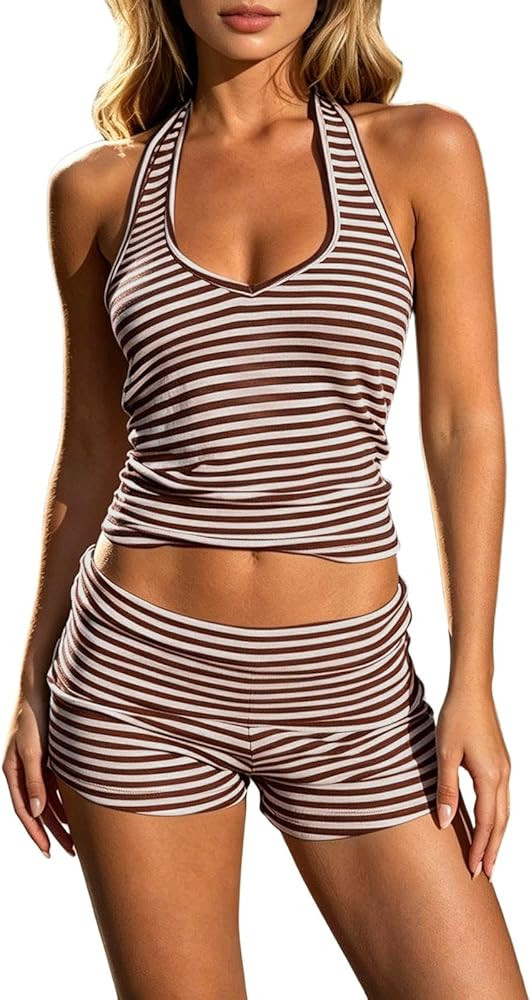 Striped Sets for Women 2 Piece Outfits Backless Halter Y2K Vest Top and Foldover Shorts Summer Ca... | Amazon (US)