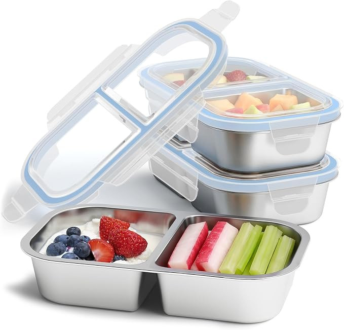 3 Pack Stainless Steel Snack Containers, 2 Compartment Reusable Metal Snack Boxes Containers with... | Amazon (US)
