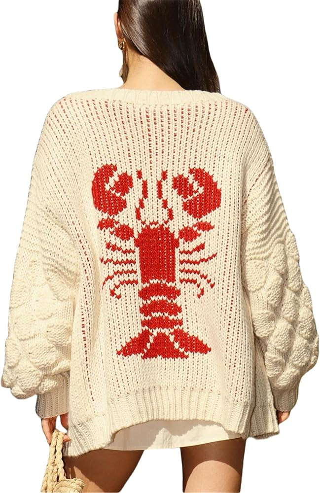 Women Shawl Collar Cardigan Sweater Lobster Print Long Sleeve Button Down Jumper Tops Vintage Chu... | Amazon (US)