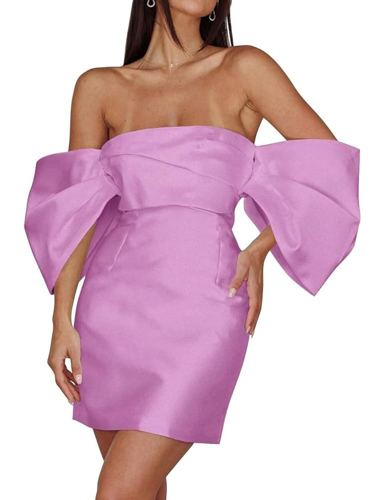 Puffy Sleeves Short Wedding Dresses for Bride Satin Off Shoulder Prom Cocktail Dresses A Line For... | Amazon (US)