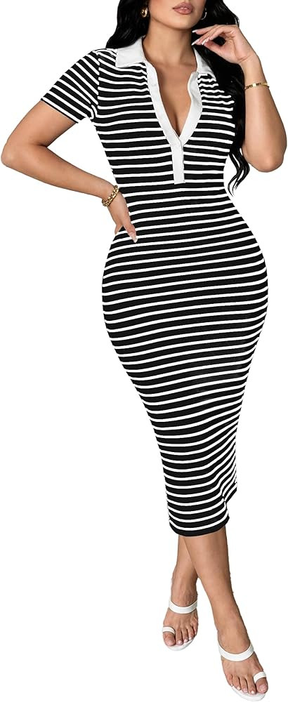 HBQ Women's Polo Collar Striped Midi Dress Ribbed Knit Bodycon Short Sleeve Dress Summer Slim Fit... | Amazon (US)