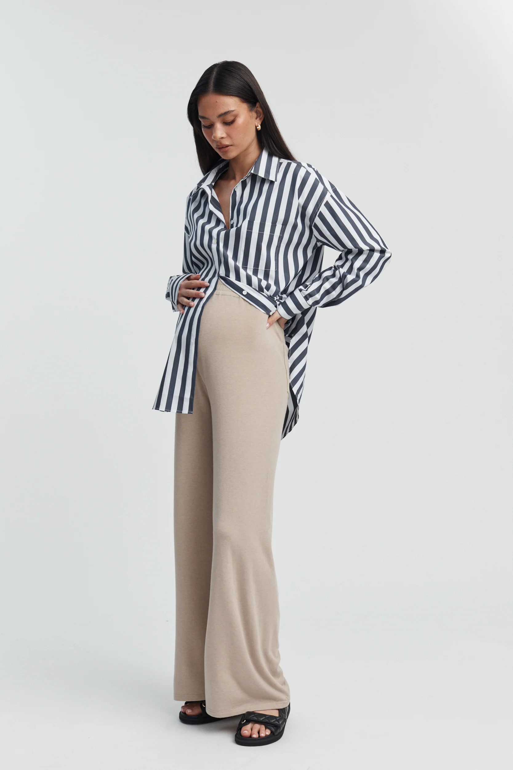 Cotton Poplin Shirt (White/Navy Block Stripe) | Legoe Heritage Maternity APAC
