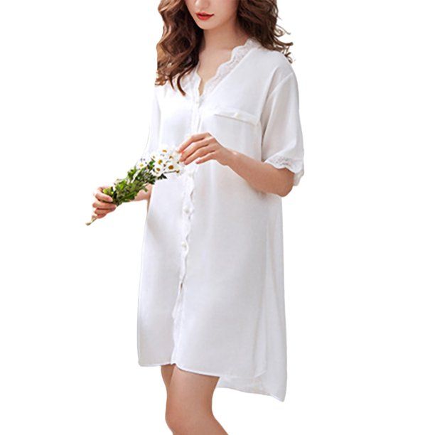 Short Sleeve Nightgowns for Women Casual Satin Button Down Sleepwear Sleep Shirt Dress - Walmart.... | Walmart (US)