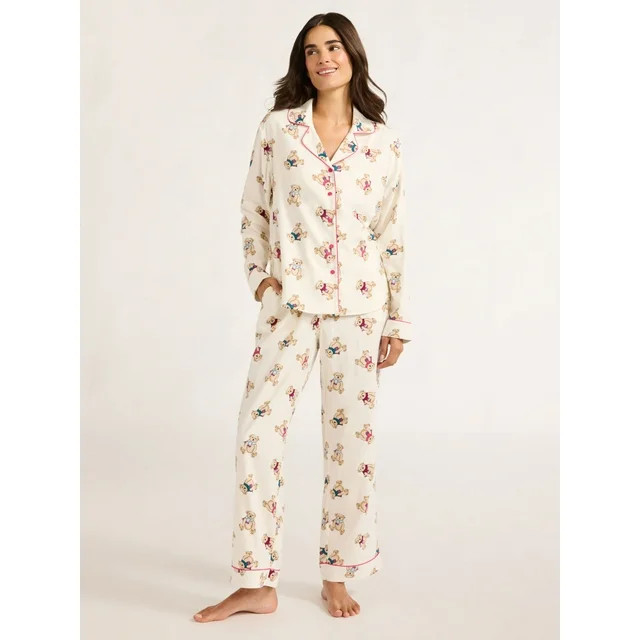 Joyspun Women's Flannel Long Sleeve Top and Pants Pajama Set, 2-Piece, Sizes XS-3X | Walmart (US)