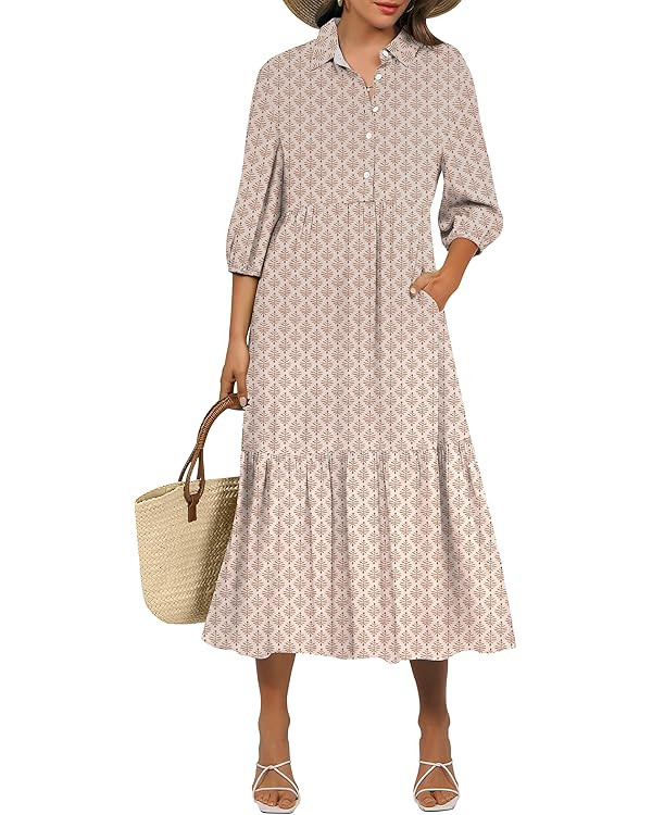 ANRABESS Women Summer Dress 2025 3/4 Puff Sleeve Polo V Neck Floral Print Casual Boho Shirt Maxi ... | Amazon (US)