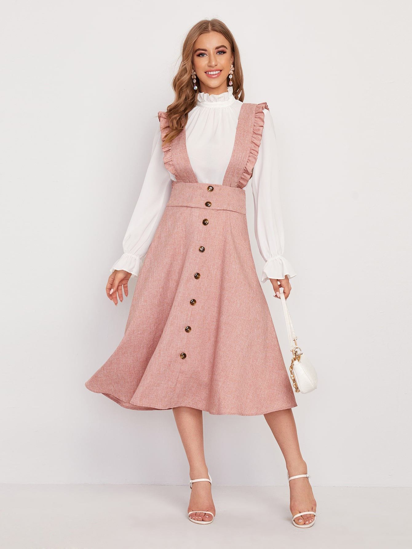 SHEIN Wide Waistband Button Front Ruffle Suspender Dress | SHEIN