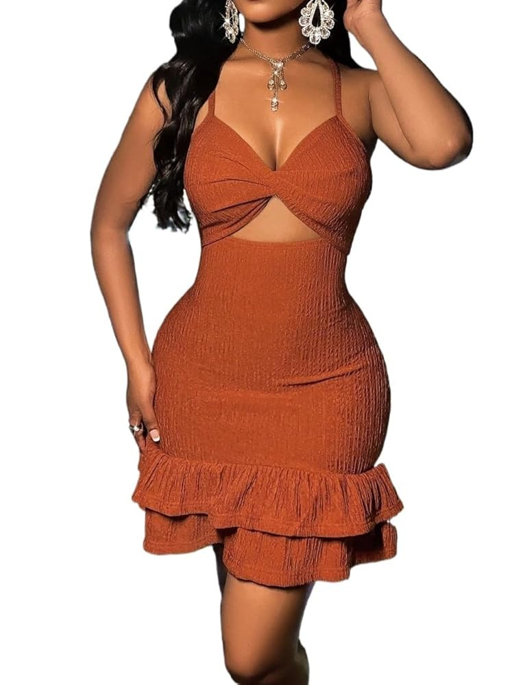 Women's Solid Front Tie Double Ruffle Hem Mini Dress for Party Cocktail Sun Dress | Amazon (US)