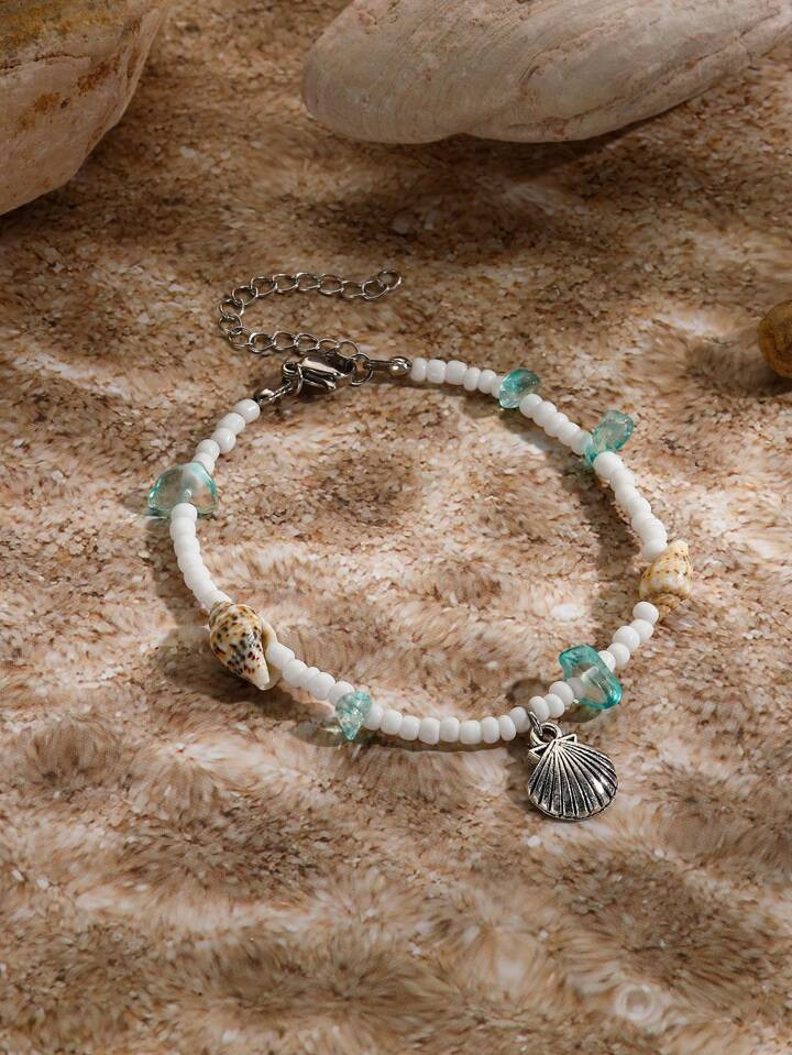 1pc Bohemian Style Unique Light Blue Beaded Bracelet With Natural Stone, Shell, Starfish For Beac... | SHEIN