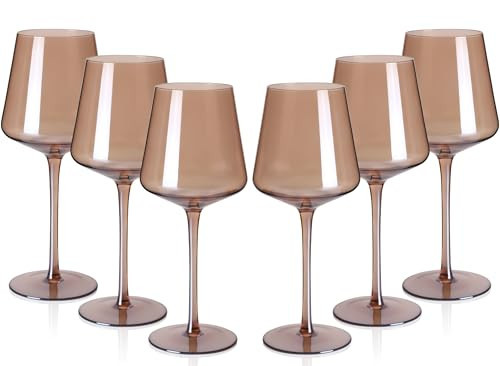 Colored Wine Glasses Set of 6-18oz Smokey Sand Wine Glass with Tall Long Stems and Flat Bottom,Crystal Amber Wine Glasses-Unique Gifts for Wine Lovers,Wedding,Christmas Gifts(Smokey Sand) | Amazon (US)