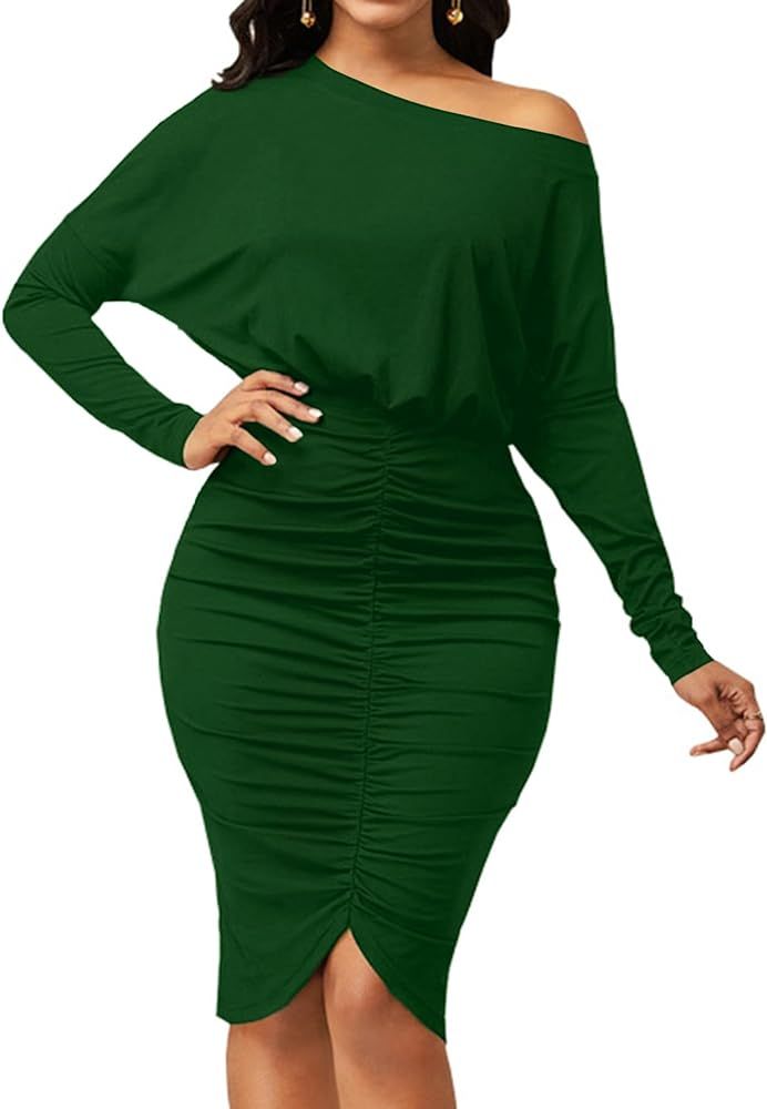 LYANER Women's Sexy Off Shoulder Ruched Elastic Waist Split Long Sleeve Bodycon Party Midi Dress | Amazon (US)