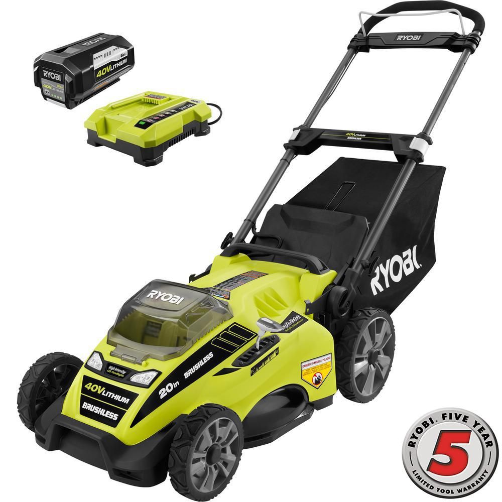 20 in. 40-Volt Brushless Lithium-Ion Cordless Battery Walk Behind Push Lawn Mower 5.0 Ah Battery/... | The Home Depot