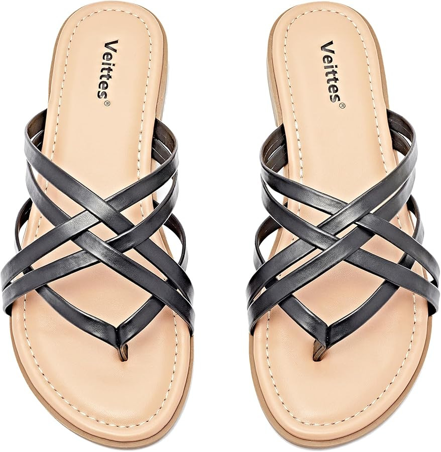 Veittes Women's Flat Slide Sandals,Casual Multiple Straps T-Straps Slip on Flat Summer Thong Sand... | Amazon (US)