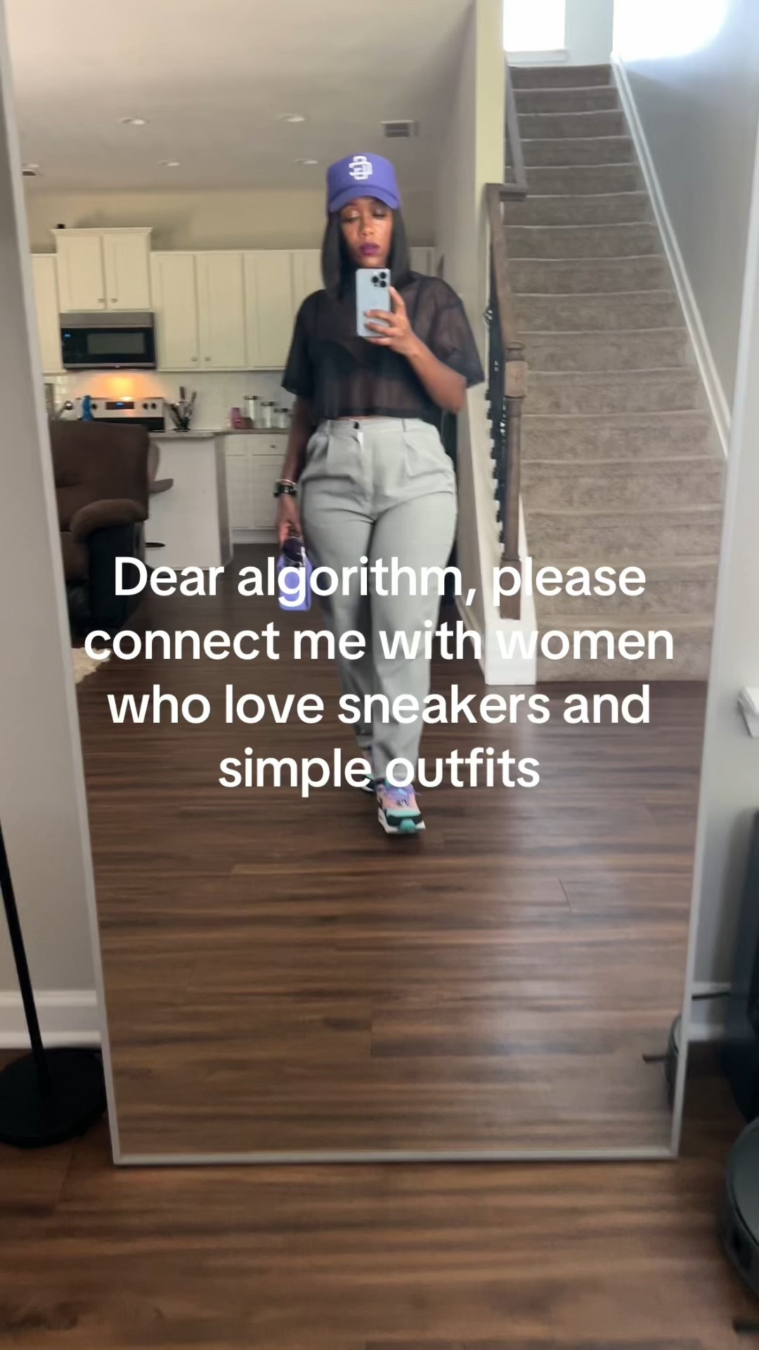 Simple outfit idea. I’m wearing a black mesh crop top with black and white pleated pants. I styled this look with a purple trucker hat, purple purse, and air max 1 sneakers.

#LTKFindsUnder50 #LTKOver40 #LTKootd