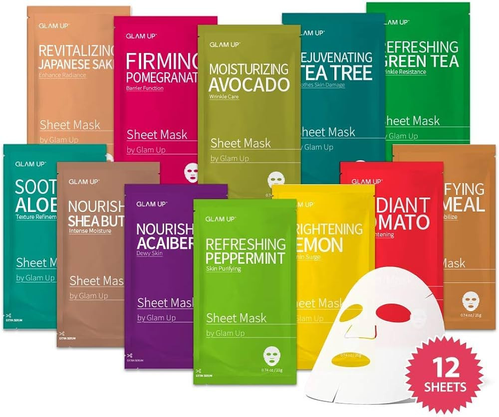 GLAM UP Korean Facial Sheet Mask 12 Pack \u2013 Hydrating Glass Skin Face Masks, Korean Skincare ... | Amazon (US)