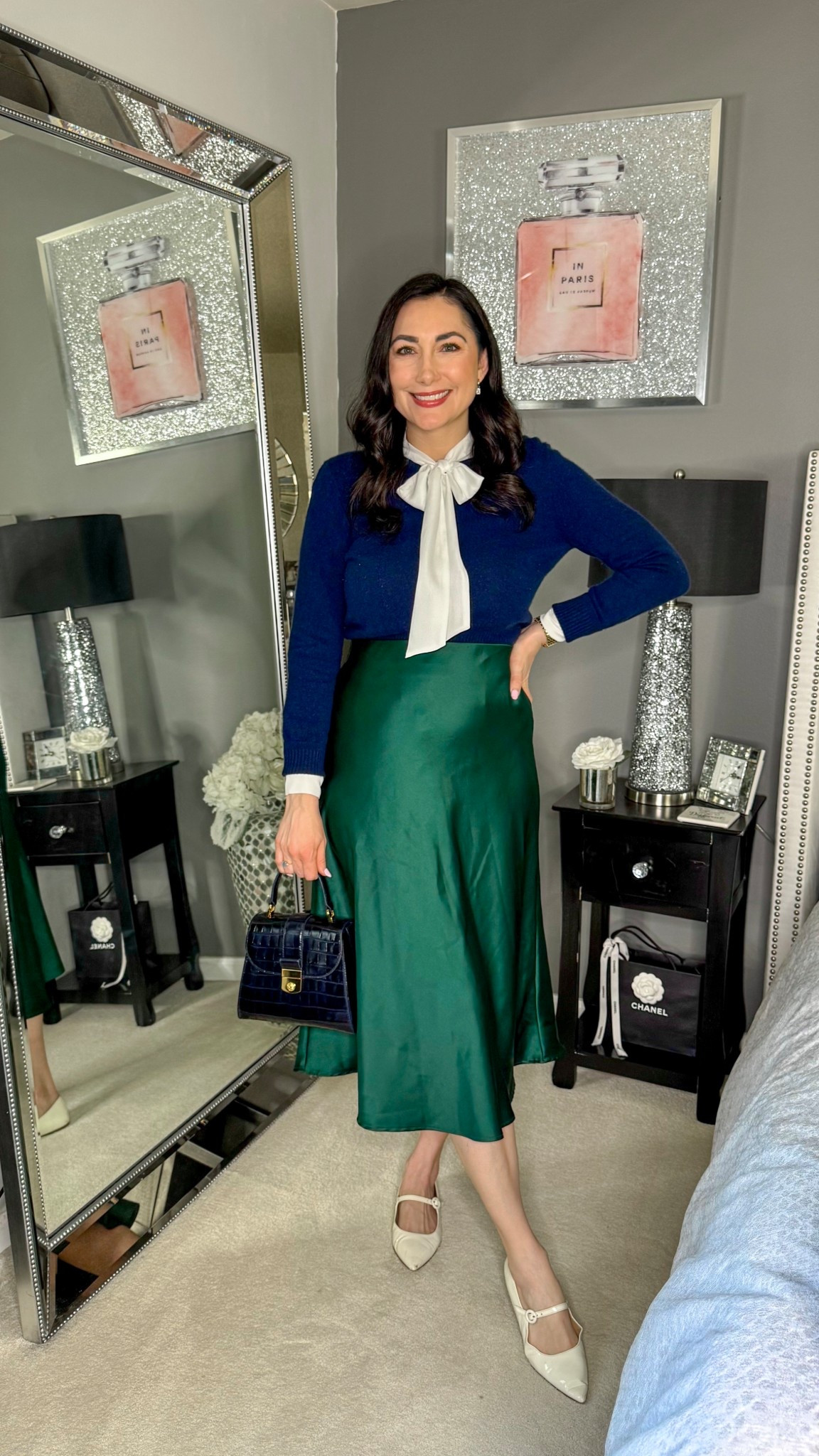 Business casual work outfit 💙💚

Navy cashmere sweater 
White bow tie blouse 
Green satin midi skirt
White Mary Jane flats 

Work wear 
Office outfit
Office style 
Spring work outfit 


#LTKSeasonal #LTKWorkwear