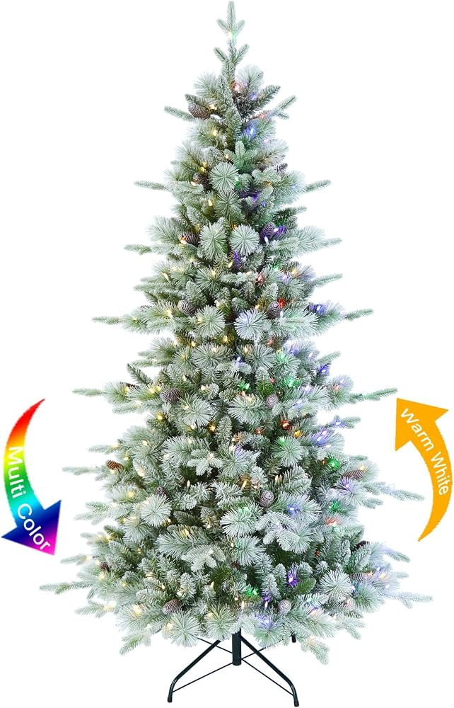 6.5ft Pre-lit Frosted with Glitter Needle Christmas Tree with Pinecones, 350 Dual-Color Multi-Fun... | Amazon (US)