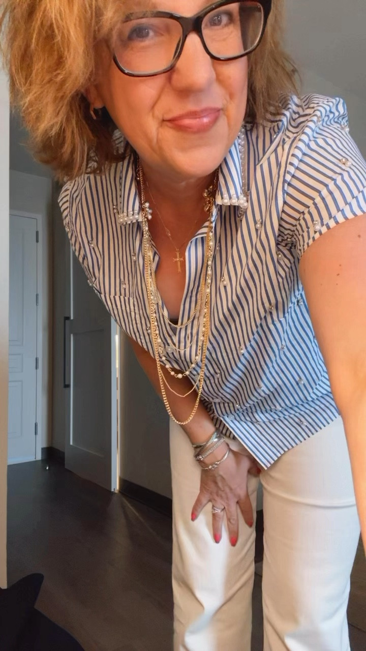 Elevated, Chic , Cool
.
Truly have favs are white and blue💙🤍
This blouse from @talbotsofficial is gorgeous with the pearl collar and the pearls sewn throughout.  Paired with my fav Emmitt wide leg crops from@madewell and my fav blue blazer from @whbm and this outfit has it all. I paired it with my red pumps from the NSale but it would be super cute with fashion sneakers too!!! 
.
Blazer available on my WHBM link

#LTKWorkwear #LTKxNSale #LTKVideo