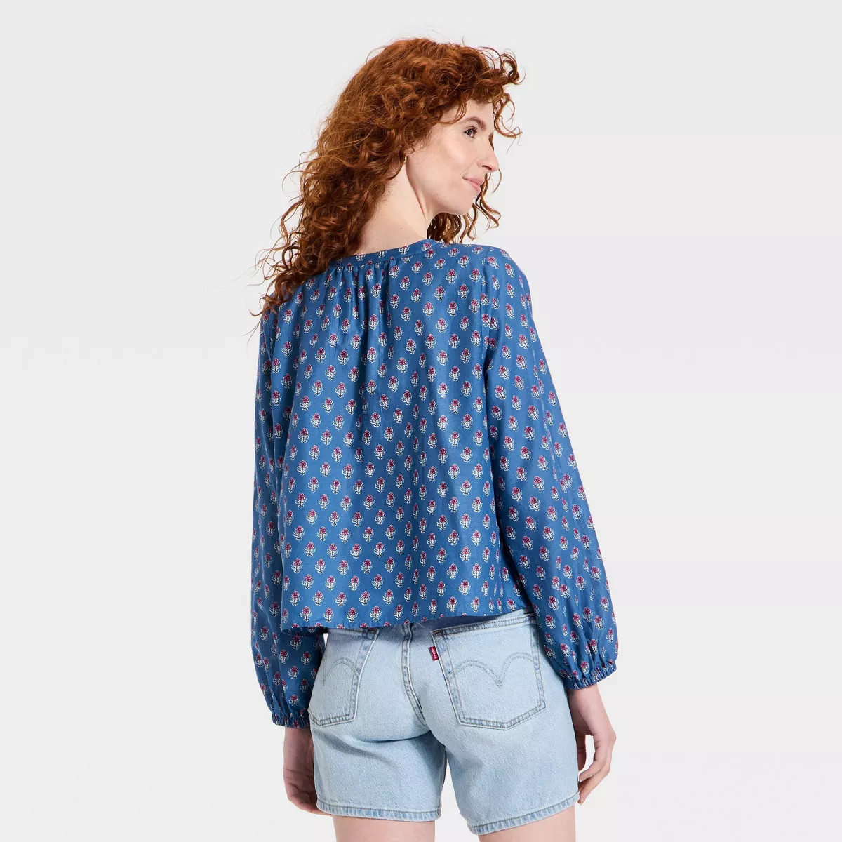 Women's Balloon Long Sleeve Printed Blouse - Universal Thread\u2122 Blue Floral L | Target