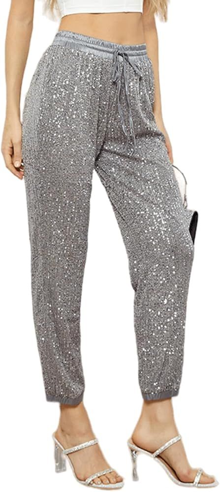 Women Sequin Pants Sparkly Glitter High Waisted Wide Leg Flare Trousers Bell Bottom Night Out Clu... | Amazon (US)