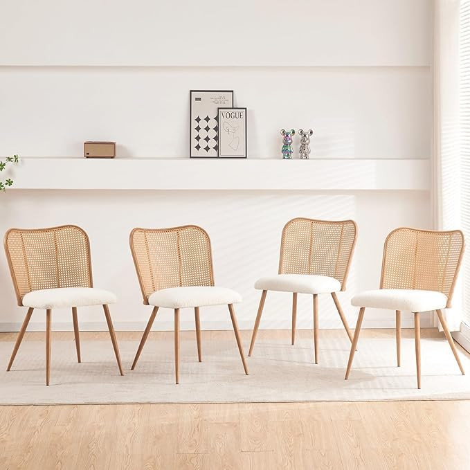 Rattan Dining Chairs Set of 4,Modern Chairs with Cane Back Upholstered Boucle Kitchen Chairs Arml... | Amazon (US)