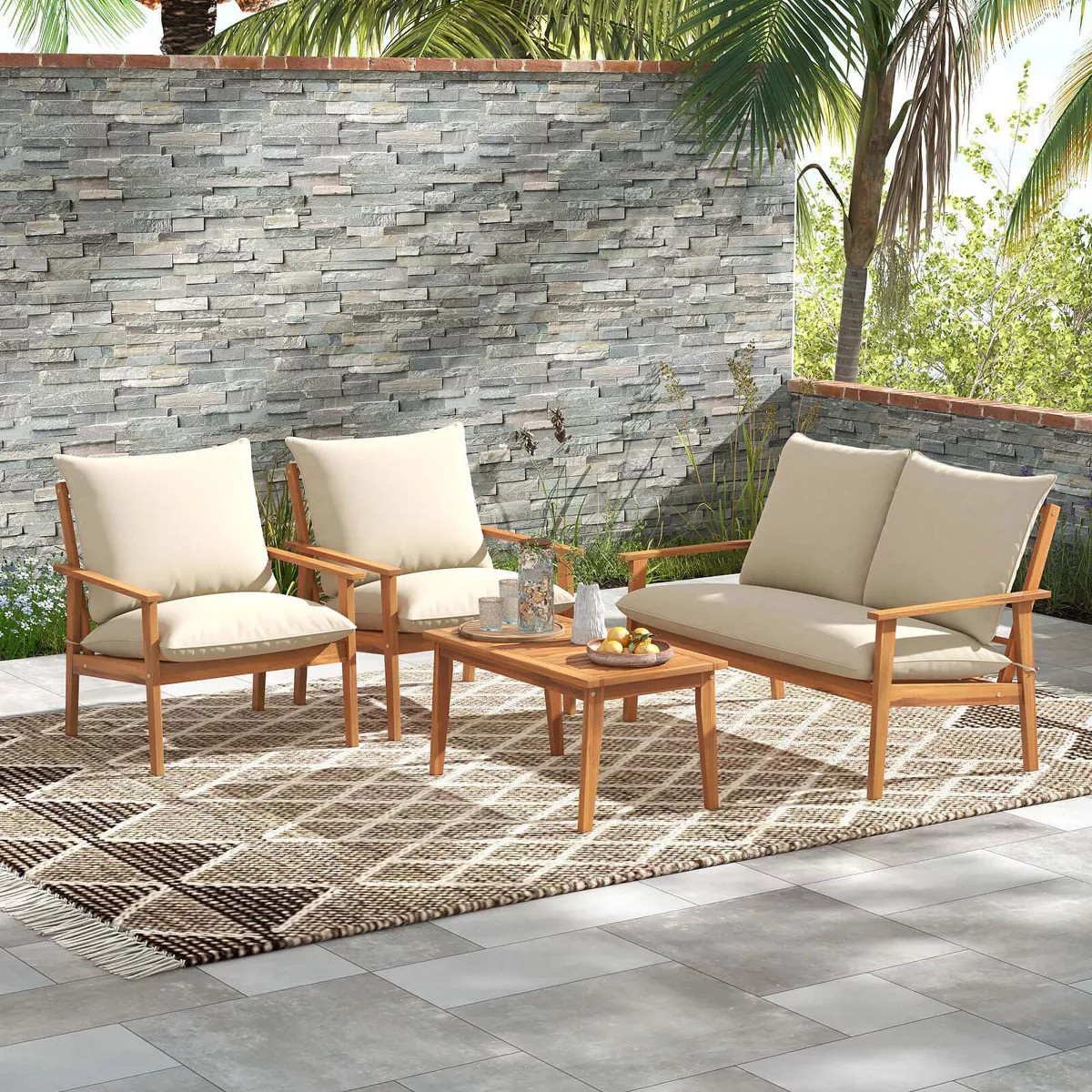 Costway 4 PCS Acacia Wood Patio Furniture Set with Soft Cushions and Coffee Table | Target