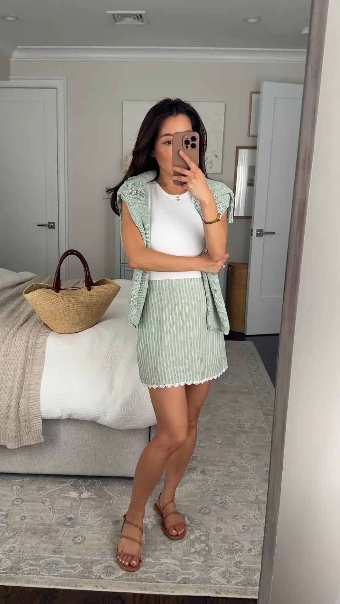 Code AFJEAN for extra 15% off - linen blend skort XXS very petite friendly with stretch waist and side zip.

Cotton blend sweater xxs runs big / oversized fit

Tank top XS with built in bra, snug fit, I sized up and found very comfy however bottom part of white color was semi sheer. Looks like gray and other colors don’t have this issue.

spring summer 2026 outfits, easy busy mom outfits, sezane straw tote

#LTKootd #LTKmomlife #LTKPetite