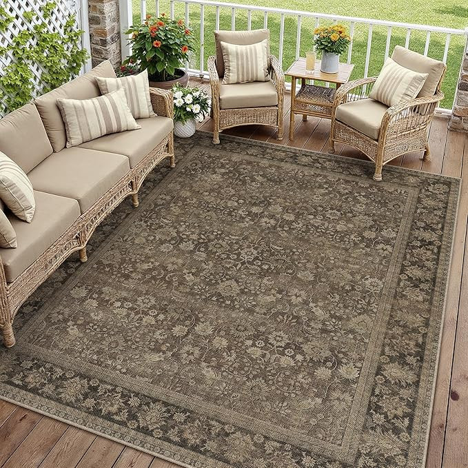 HUGEAR 8x10 Indoor/Outdoor Rug Brown Linen-Look Fabric Vintage Area Rug High Traffic Stain Resist... | Amazon (US)