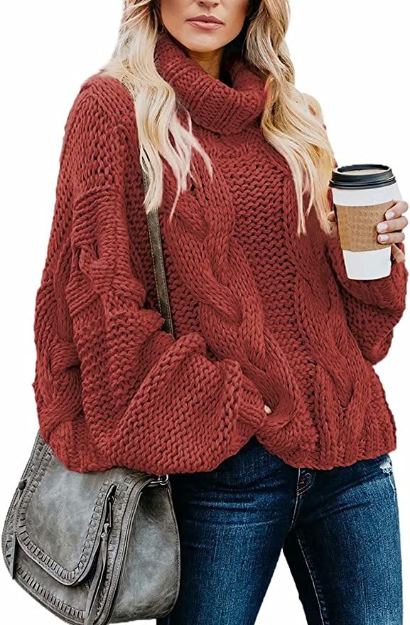 Dokotoo Womens Winter Solid Turtleneck Balloon Long Sleeve Sweaters Pullover Outerwear | Amazon (US)