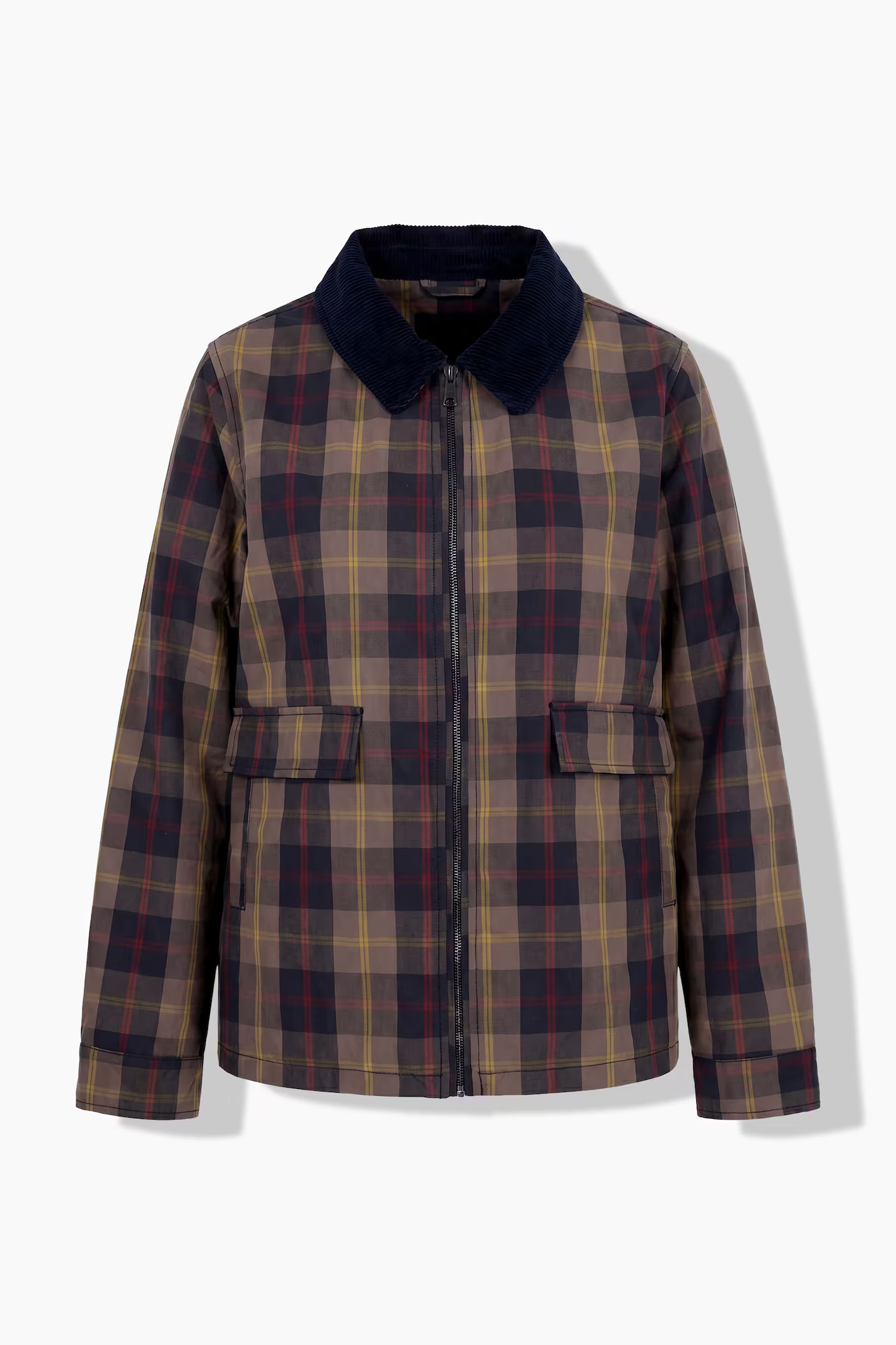 Plaid Corduroy Collar Waxed Rain Jacket, navy blue | Ulla Popken | Ulla Popken - US