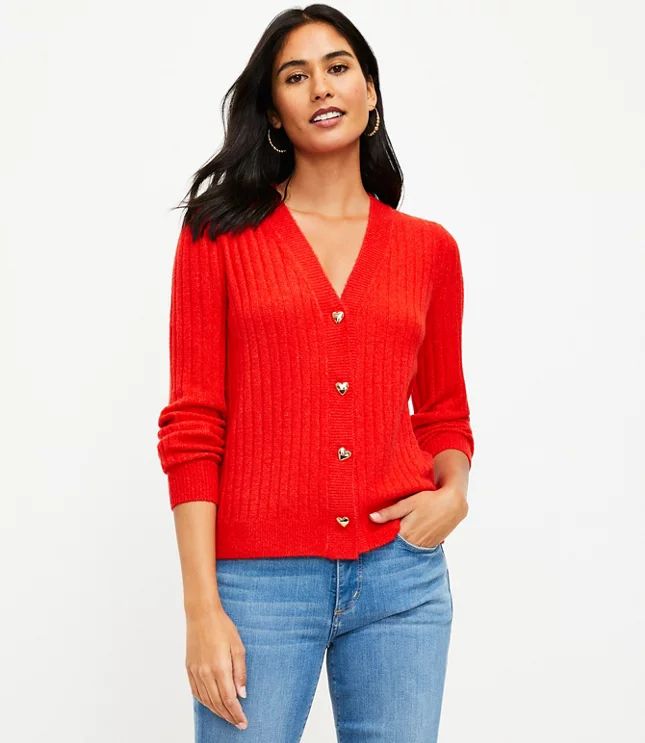 Heart Button Puff Sleeve V-Neck Cardigan | LOFT