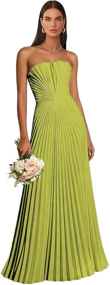 Strapless Chiffon Bridesmaid Dresses Long Pleated Empire Waist Formal Wedding Guest Dress for Wom... | Amazon (US)
