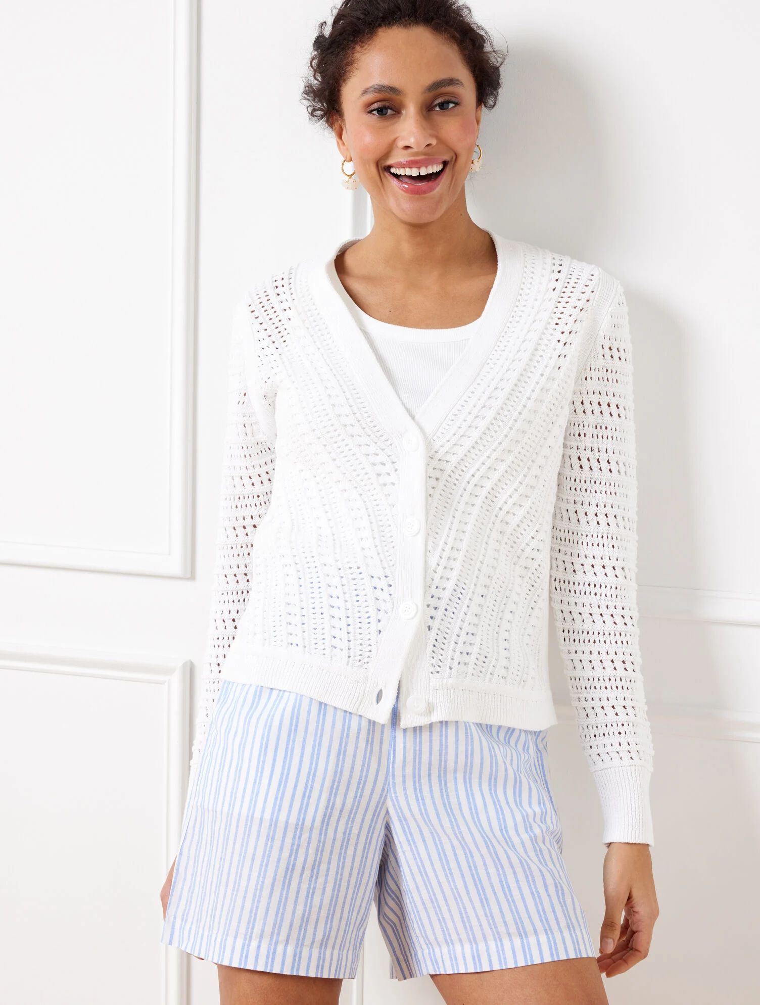 Pointelle Knit V-Neck Cardigan | Talbots