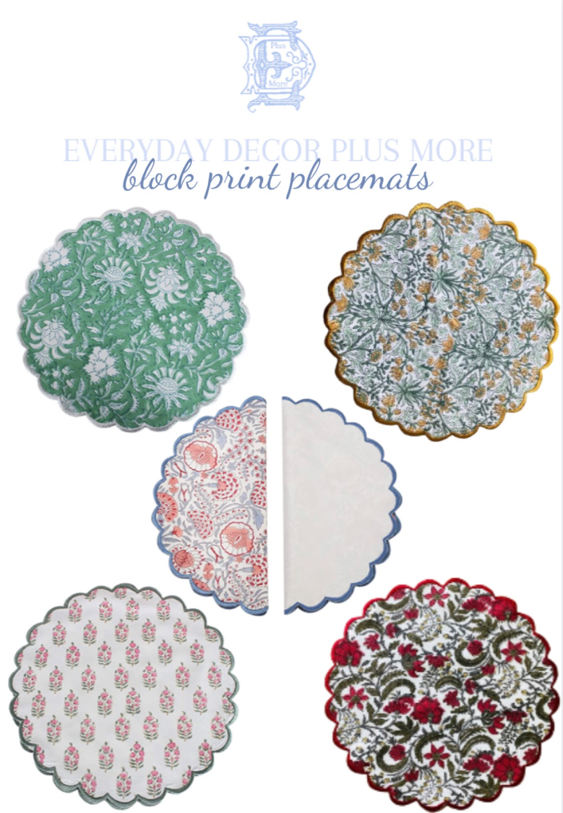 Block print placemats 
Block print tablecloths 
Scalloped placemats
Double sided placemat 
Block print scallop placemat

#LTKhome #LTKstyletip #LTKunder50
