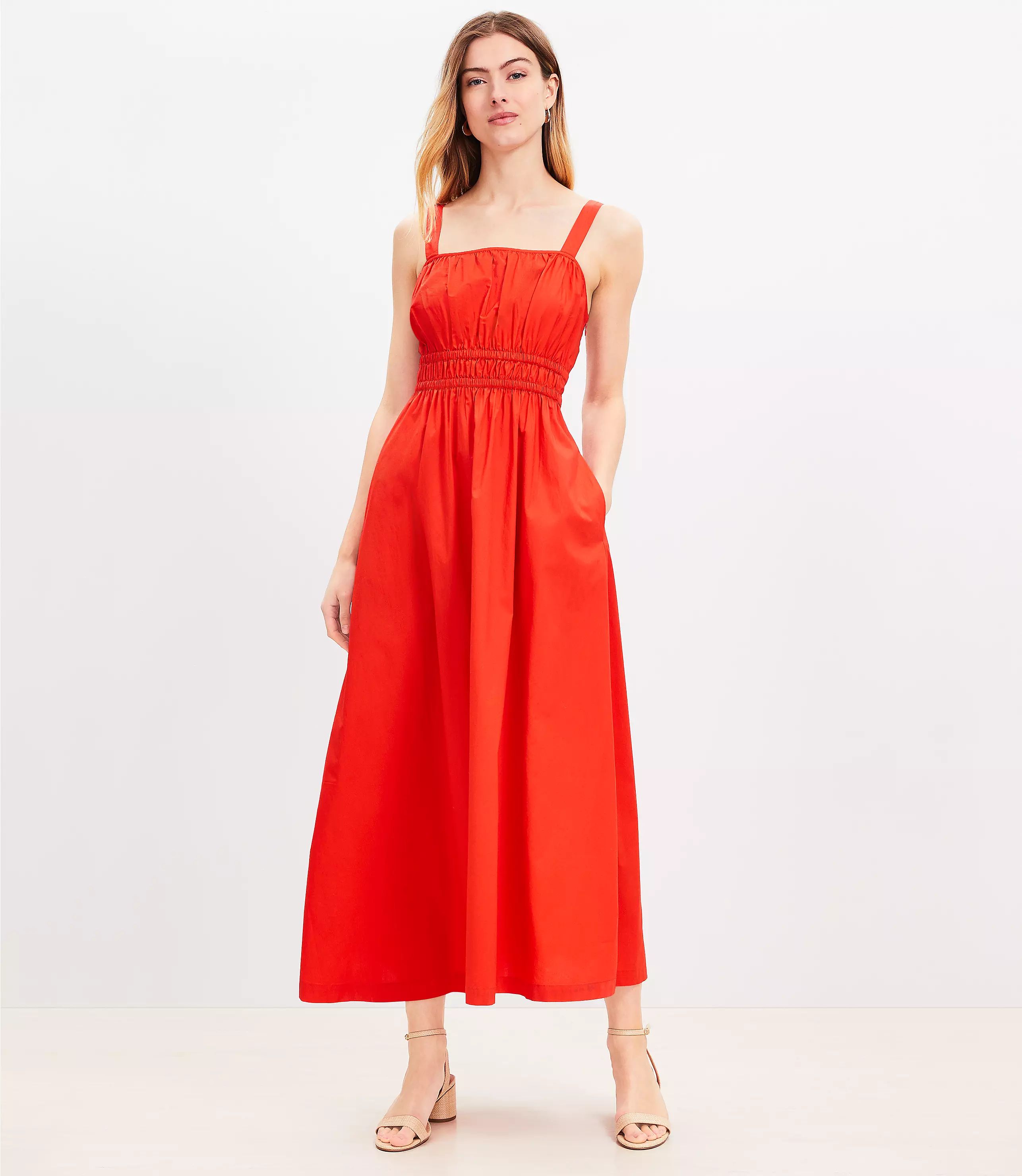 Poplin Shirred Strappy Pocket Maxi Dress | LOFT