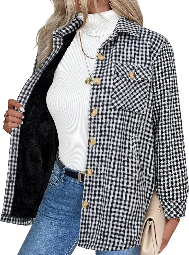 Zeagoo Women's Fleece Sherpa Jacket Casual Long Sleeve Button Down Flannel Shacket Shirt Winter C... | Amazon (US)
