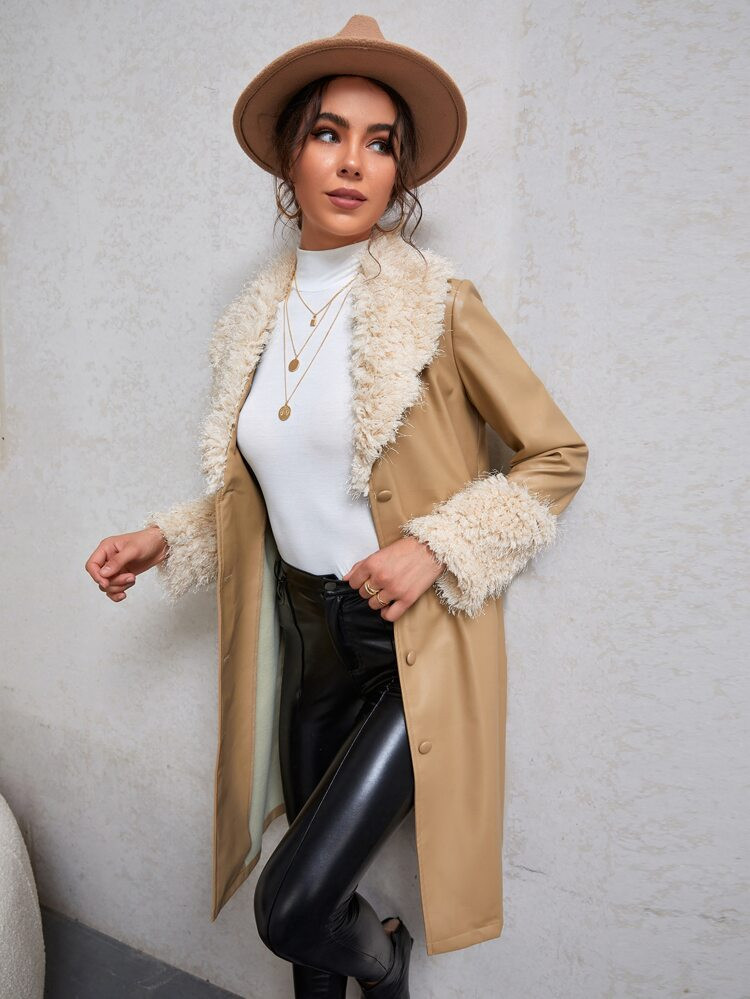 Fuzzy Waterfall Collar PU Trench Coat | SHEIN