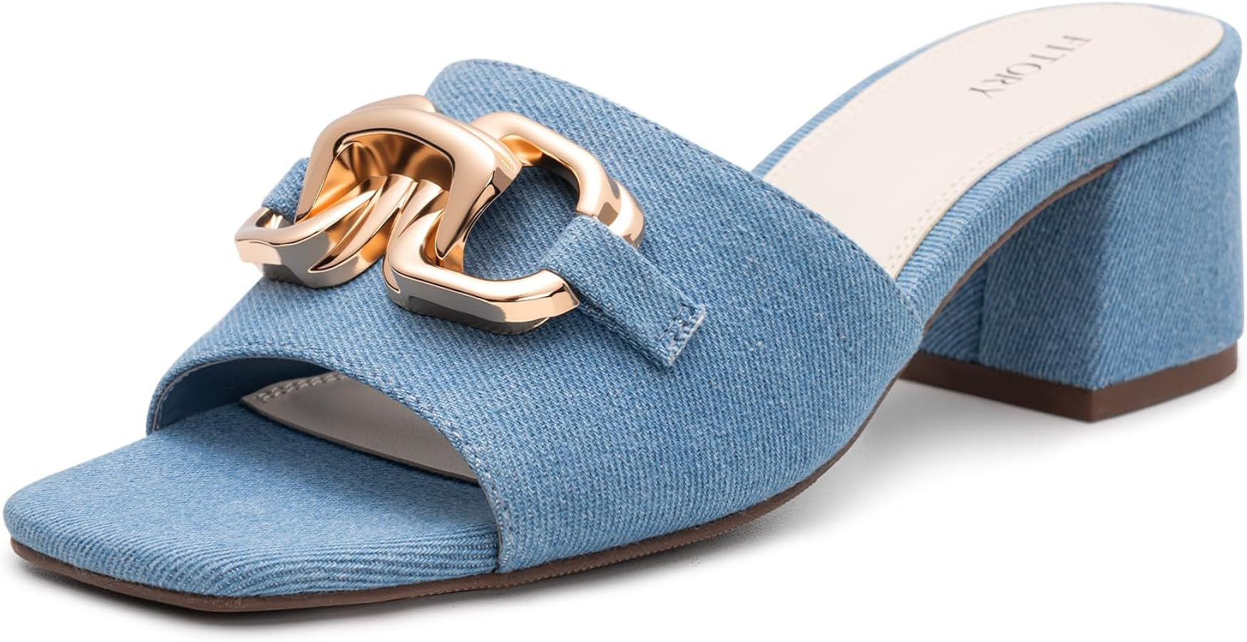 FITORY Womens Low Heel Sandals, Chunky Block Square Open Toe Slides 2026, Metal Chain Slip on Dre... | Amazon (US)