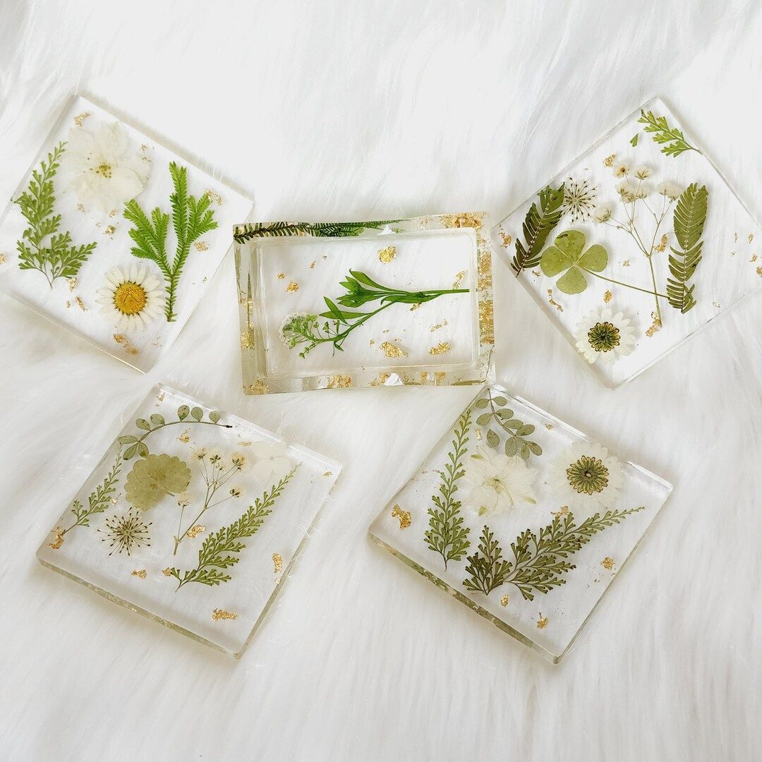 Pressed Flowers, Ferns & Gold Leaf Coaster Set with Coaster Holder | Etsy (US)