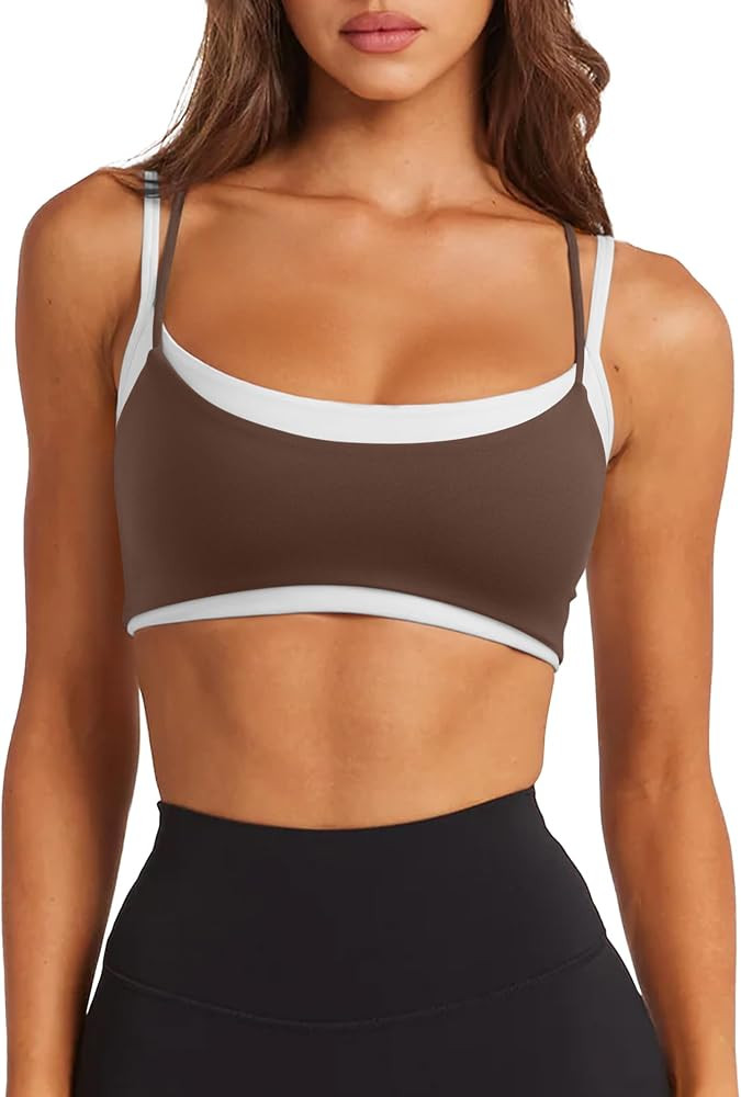 LASLULU Womens Double Layered Sports Bra Spaghetti Straps Workout Yoga Tops | Amazon (US)