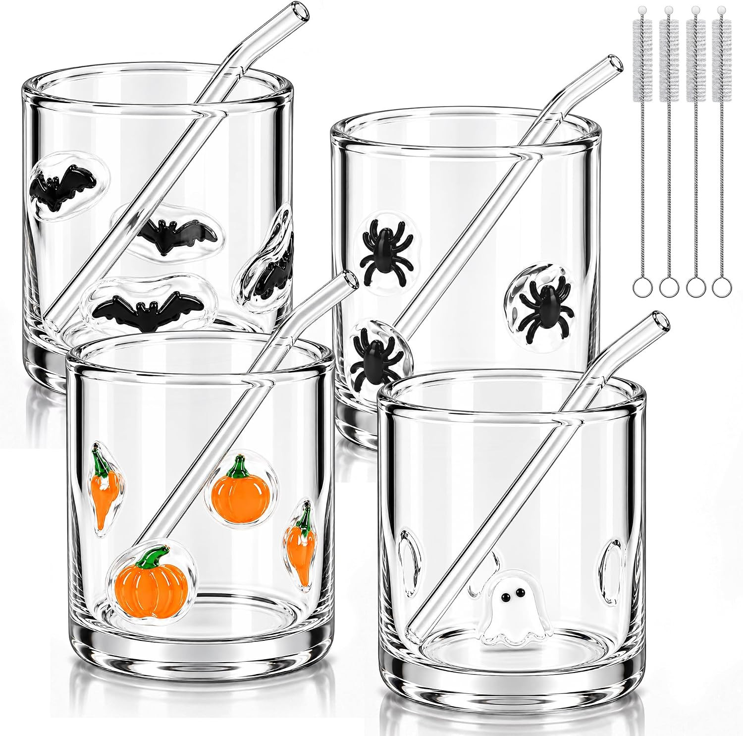 4Pcs Halloween Icon Glass Cups with Straw Pumpkin Spider Bat Ghost, 14oz | Amazon (US)