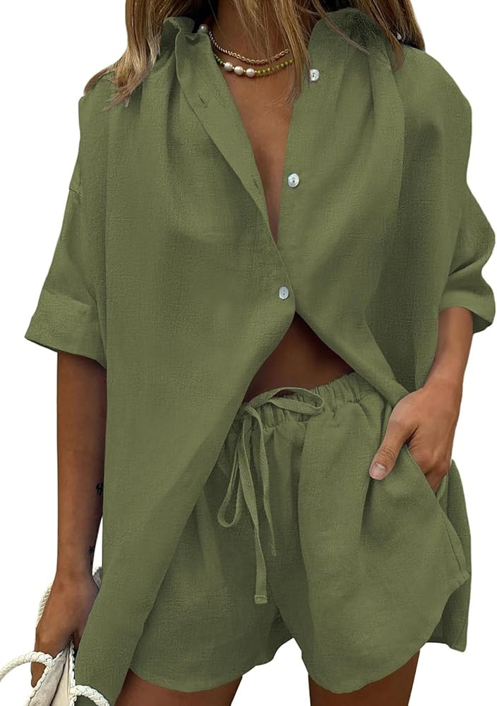 Fixmatti Women 2 Piece Outfits Long Sleeve Button Down Blouse and Shorts Sweatsuit Sets | Amazon (US)