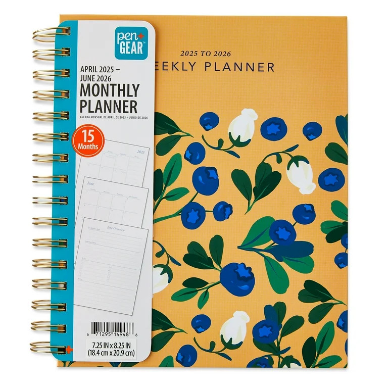 Pen+Gear Monthly Medium (7.25" x 8.25") Planner Blueberry & Floral 15-Month April 2025-June 2026 | Walmart (US)