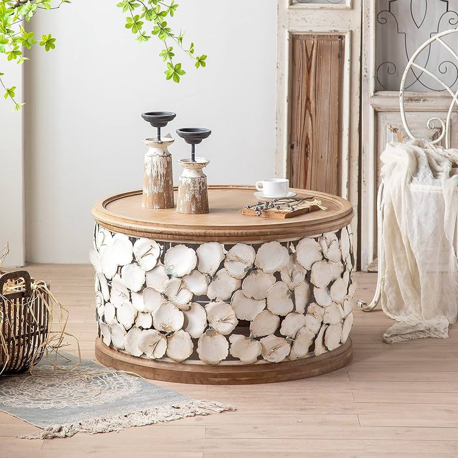 MCPRST Round Farmhouse Coffee Table, Rustic White Round Coffee Table with Intricate Floral, Coast... | Amazon (US)