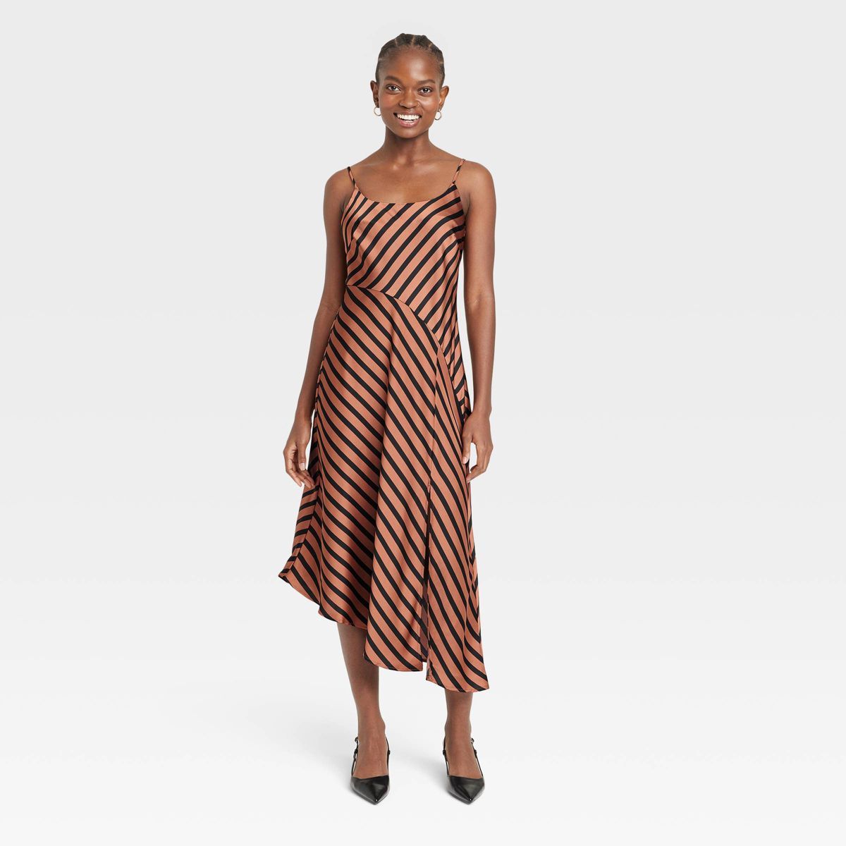 Women's Asymmetrical Midi Slip Dress - A New Day™ Brown Striped XS | Target