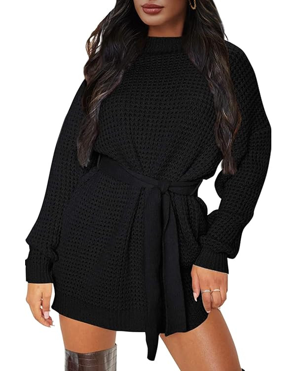 ZESICA Women's Long Sleeve Solid Color Waffle Knitted Tie Waist Tunic Pullover Sweater Dress | Amazon (US)