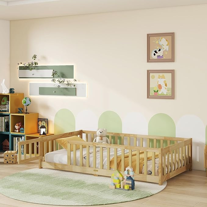 Twin Size Floor Bed for Kids, Wood Montessori Floor Beds with Fence Railings, Door & Slats Suppor... | Amazon (US)