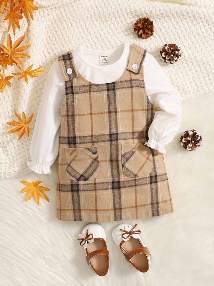 Baby Flounce Sleeve Tee & Plaid Patched Pocket Overall Dress | SHEIN