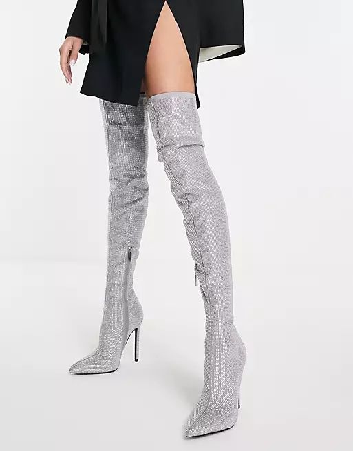 ASOS DESIGN Kamila embellished over-the-knee boots in silver | ASOS (Global)